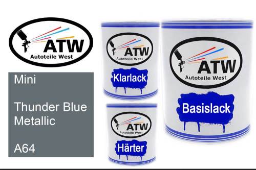 Mini, Thunder Blue Metallic, A64: 1L Lackdose + 1L Klarlack + 500ml Härter - Set, von ATW Autoteile West.